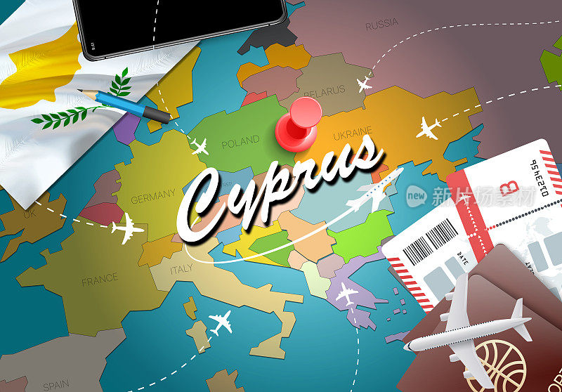 塞浦路斯旅游概念地图背景与飞机，机票。参观塞浦路斯旅游和旅游目的地的概念。地图上的塞浦路斯国旗。飞往尼科西亚的飞机和航班飞往利马索尔的拉纳卡