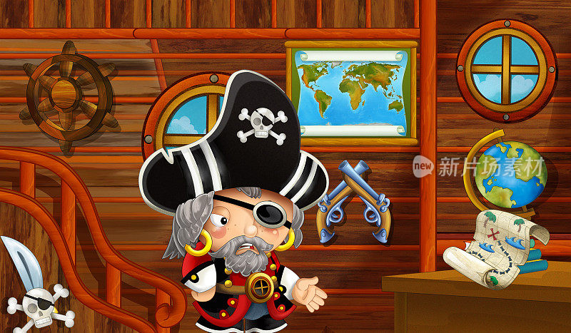 卡通场景与海盗船船舱内部与宝航行通过海洋