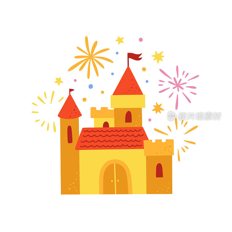 魔法城堡矢量插图。矢量童话宫殿和烟花在白色的背景
