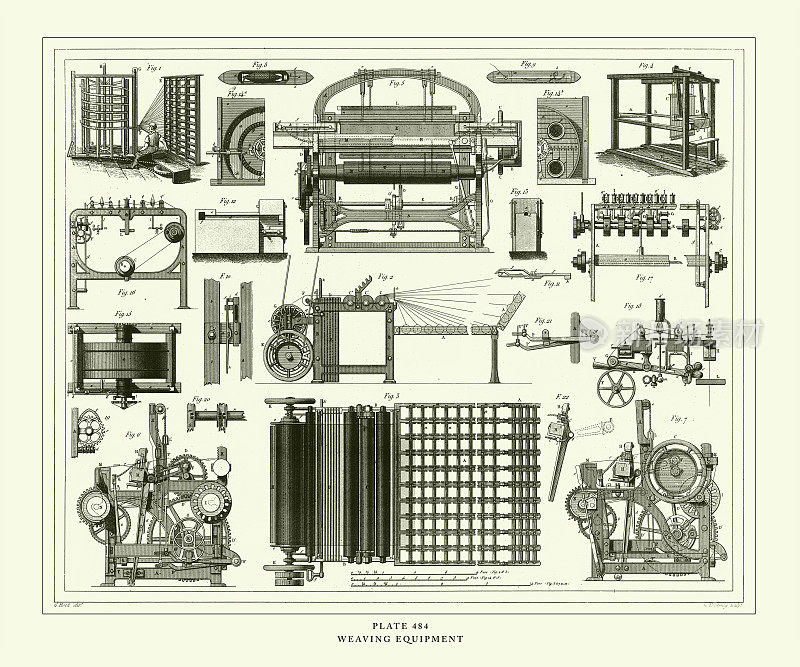 雕刻古董，编织设备雕刻古董插图，1851年出版
