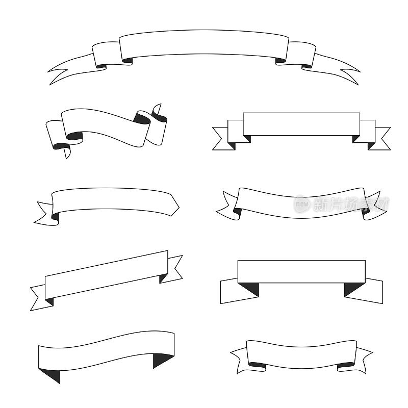 一套丝带，横幅(轮廓，线条艺术)-设计元素在白色的背景