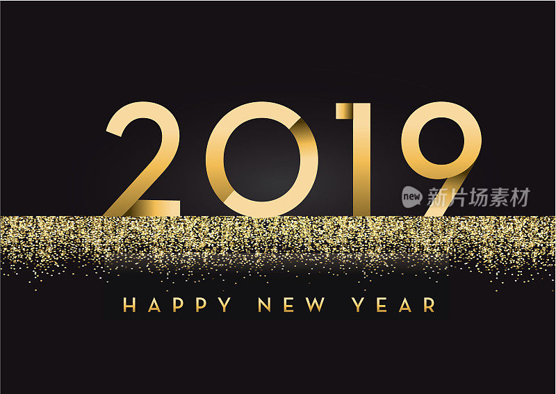 2019年新年贺卡横幅设计在黄金和闪烁的文字