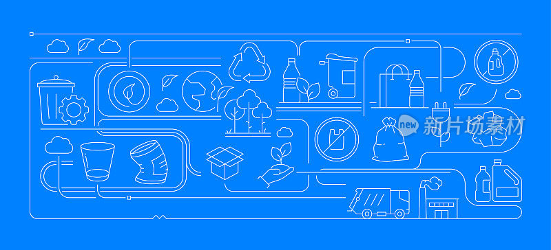 回收和零废物矢量旗帜设计概念。轮廓线图标矢量插图模板的网站，演示等。