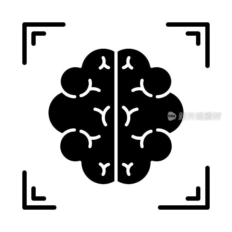 脑部扫描字形图标。神经影像。神经系统结构分析。医疗过程。医院检查。神经学。轮廓的象征。负空间。向量孤立的插图