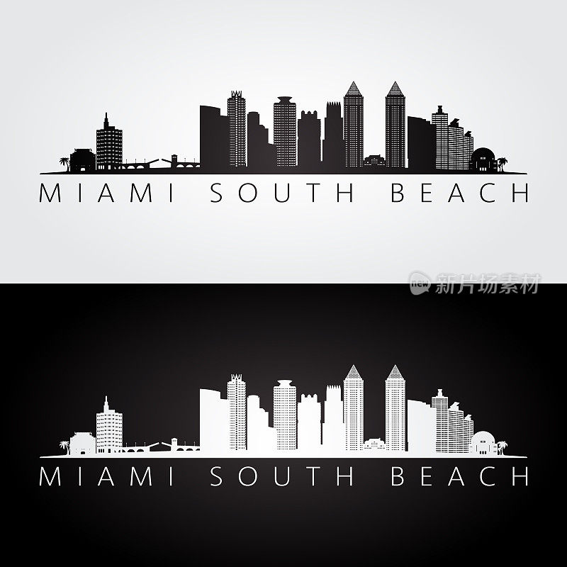 迈阿密南海滩，佛罗里达天际线和地标剪影，黑白设计，矢量插图。