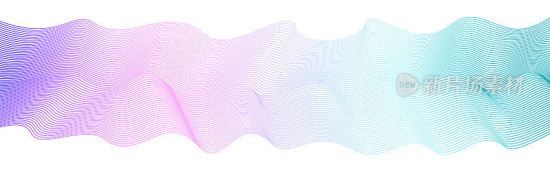 横向波形。彩色的丝带。柔和的紫色，粉红色，蓝绿色渐变。抽象条纹波模式。白色背景。弯曲的曲线，艺术线矢量设计。EPS10插图