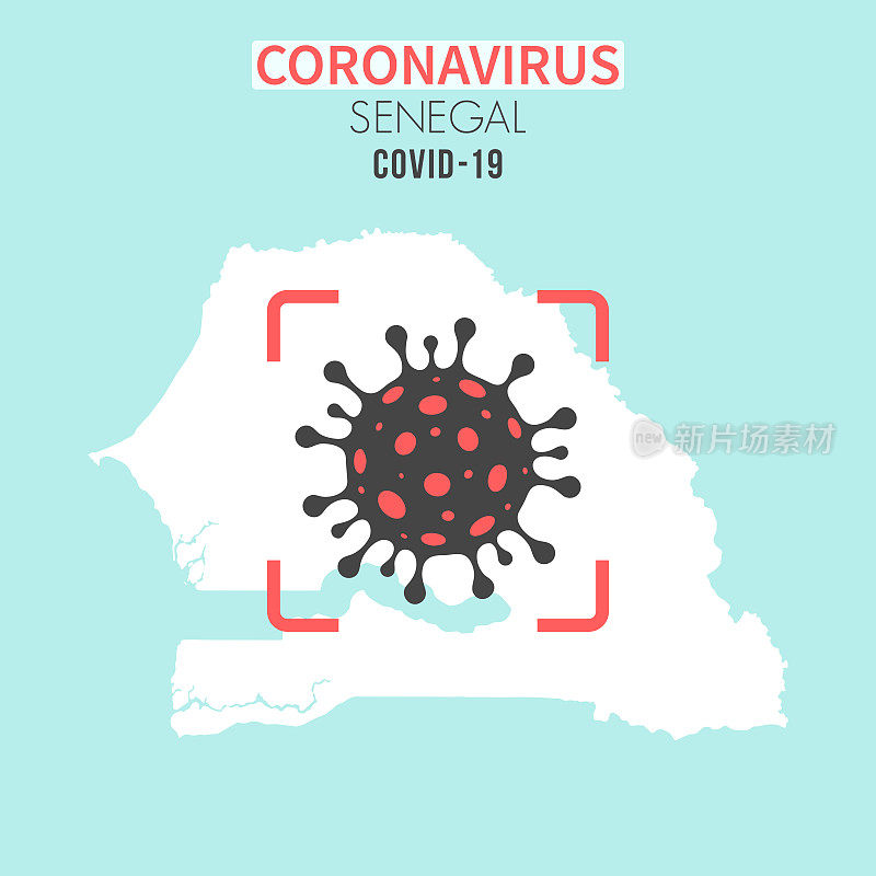 塞内加尔地图，红色取景器显示冠状病毒(COVID-19)细胞