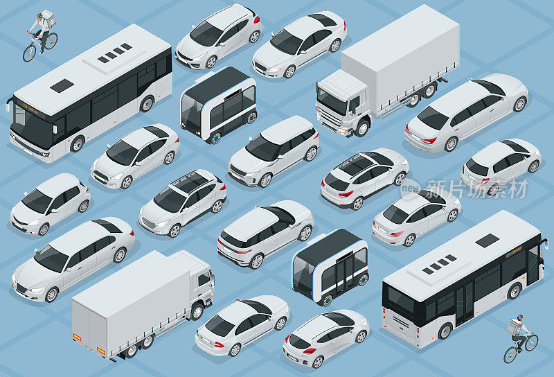平面三维等距高品质城市运输汽车图标集。巴士，自行车快递，轿车，货车，货车，越野车，自行车，迷你车和跑车。城市公共车辆和货运车辆