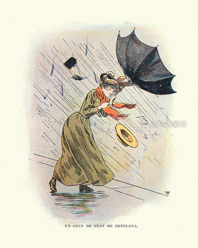一个女人的雨伞被强风吹翻了，维多利亚时代