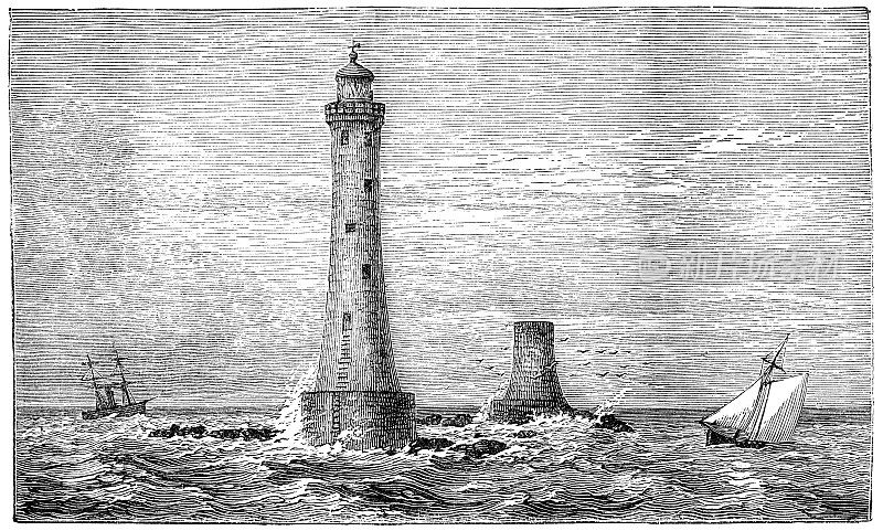 英国海岸埃迪斯通岩石上的道格拉斯灯塔――19世纪