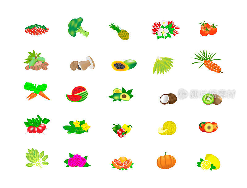 组，一套25矢量插图，蔬菜，水果，坚果和浆果，蘑菇，绿色作物的图标