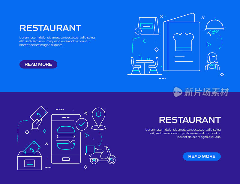 餐厅，食品和饮料相关的现代线条风格网页横幅矢量插图