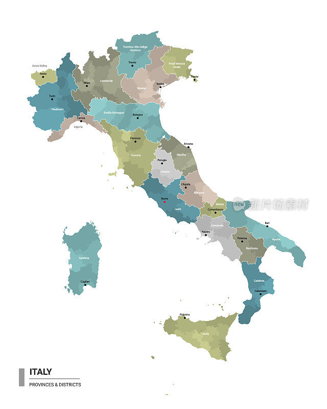 意大利高详细地图与细分。意大利行政地图与地区和城市名称，颜色由州和行政区域。矢量插图。