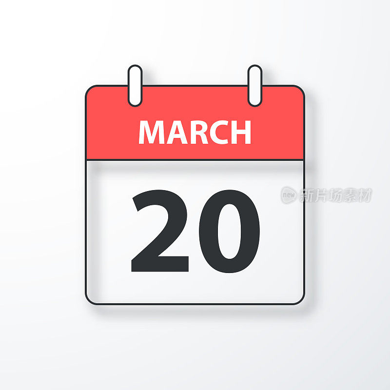 3月20日-每日日历-黑色轮廓与阴影在白色的背景