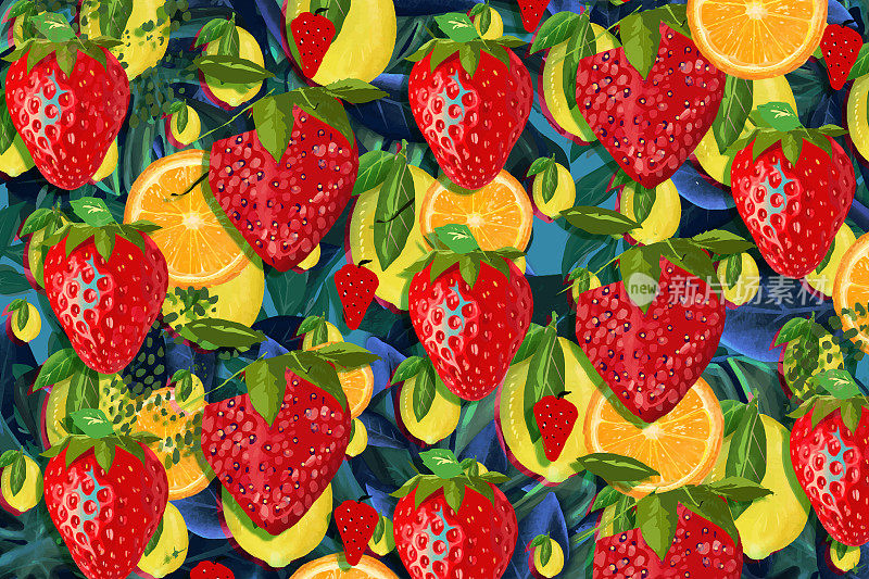 以草莓、柠檬和橙子为背景的色彩丰富的水果