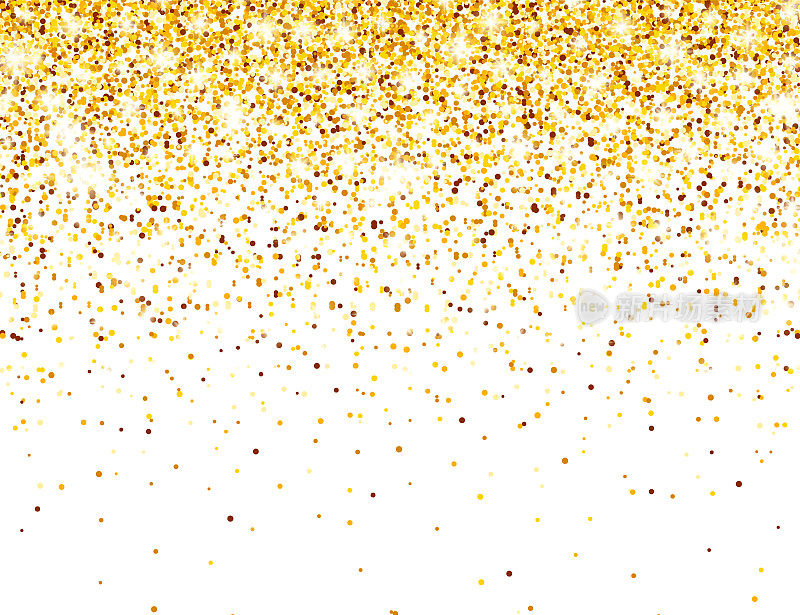 闪闪发光的金色在白色矢量背景。闪亮的五彩纸屑与黄金碎片。圣诞或新年贺卡的灯光效果