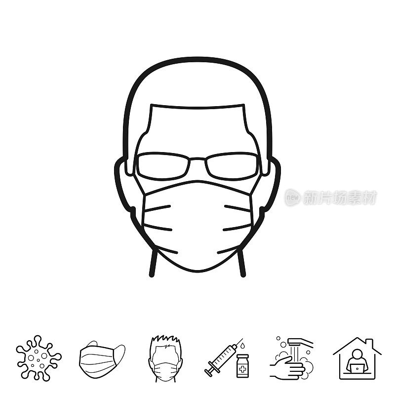 戴着医用面罩的人。线条图标-可编辑的笔触