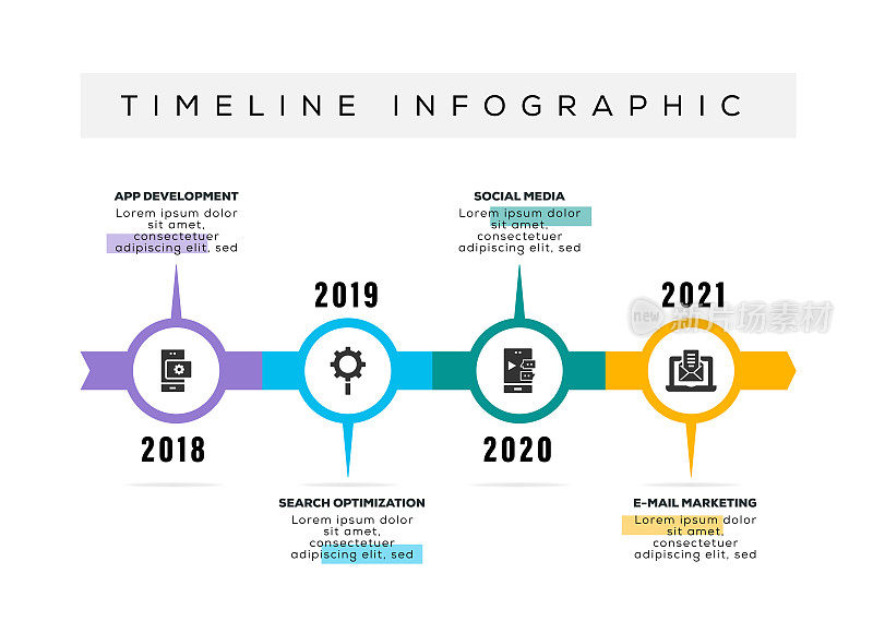 信息图表设计模板。应用开发，搜索优化，社交媒体，电子邮件营销图标4个选项或步骤。