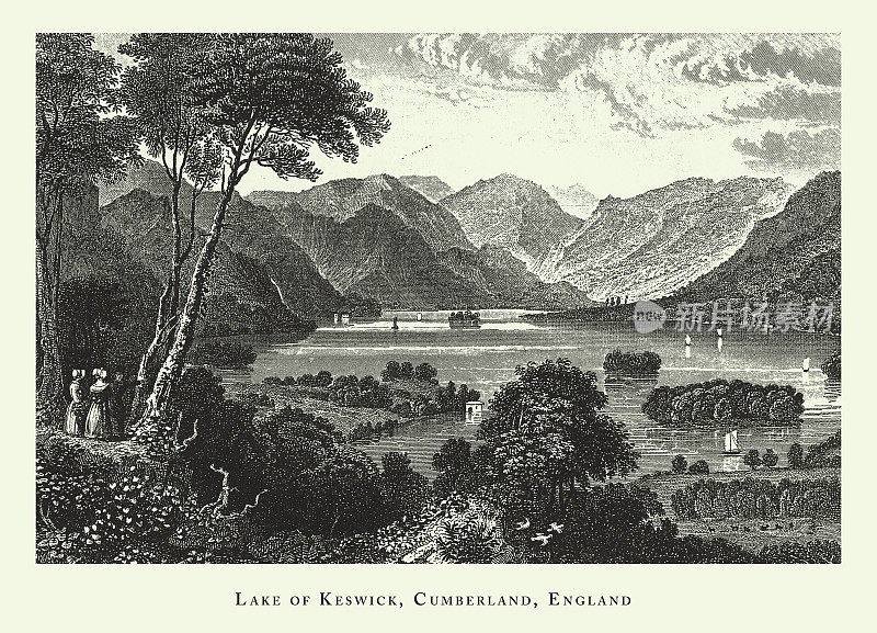 雕刻古董，克威克湖，坎伯兰，英格兰，森林，湖泊，洞穴和不寻常的岩层雕刻古董插图，出版1851年