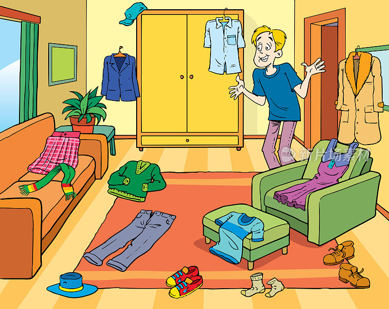 一个男人,一个单身汉或者一个学生在凌乱的房间里