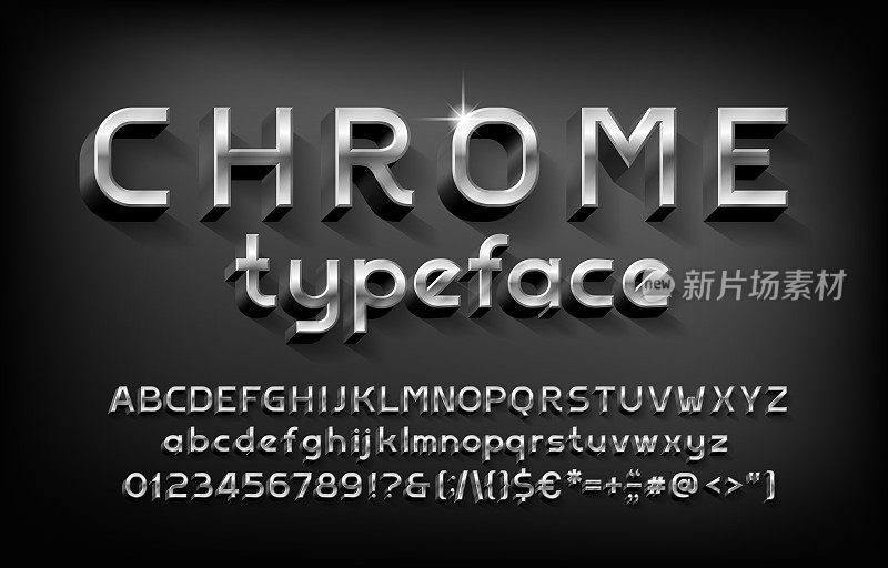 Chrome字母字体。3D金属字母，数字和带阴影的标点符号。