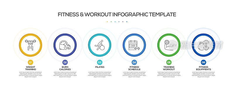 健身和锻炼相关的过程信息图表模板。过程时间图。带有线性图标的工作流布局