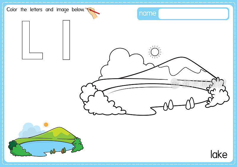 矢量插图的儿童字母着色书页与概述剪贴画，以颜色。字母L代表湖。