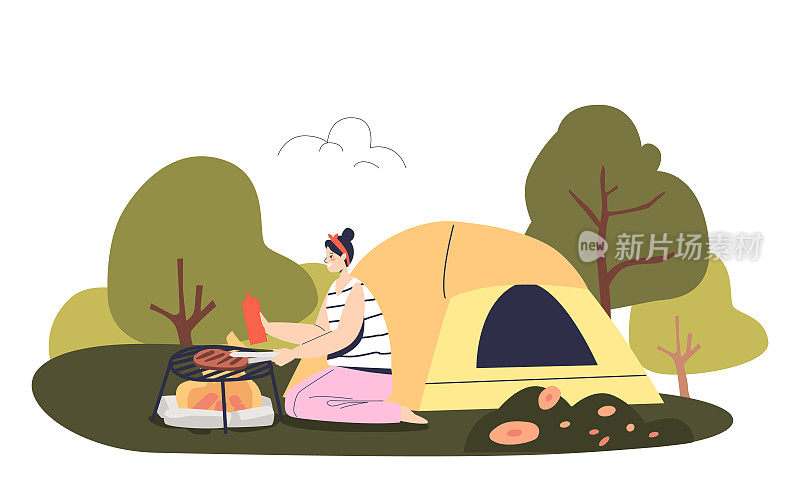 在野营的家庭度假:年轻的女人在森林的野营帐篷里用火做饭