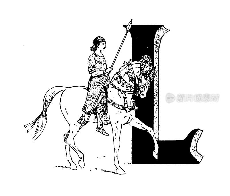 马、骑士和骑兵的古董插图:字母L