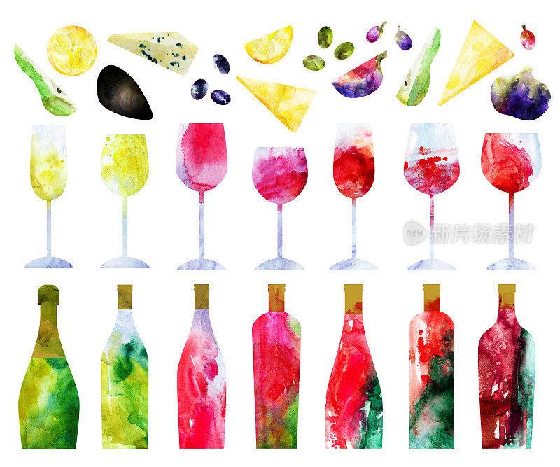 水彩抽象的红和白酒瓶，玻璃杯和零食插图