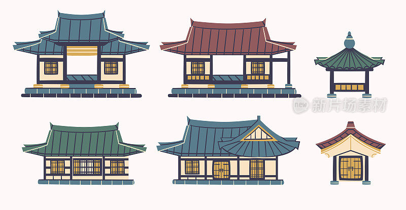 韩屋亚洲建筑孤立向量集。传统韩国建筑设计元素。