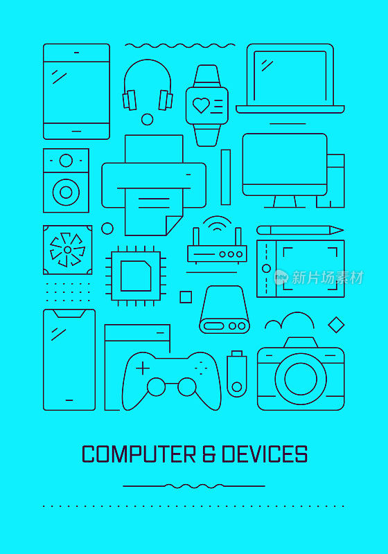 计算机和设备相关的现代线设计小册子，海报，传单，演示模板矢量插图