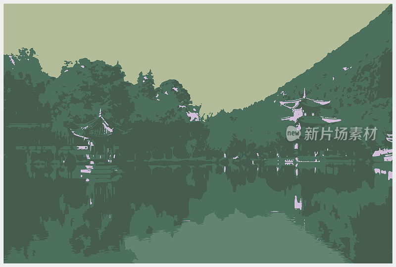 向量艺术雕刻风格绘画中国古典山水插图，摄影效果，抽象背景