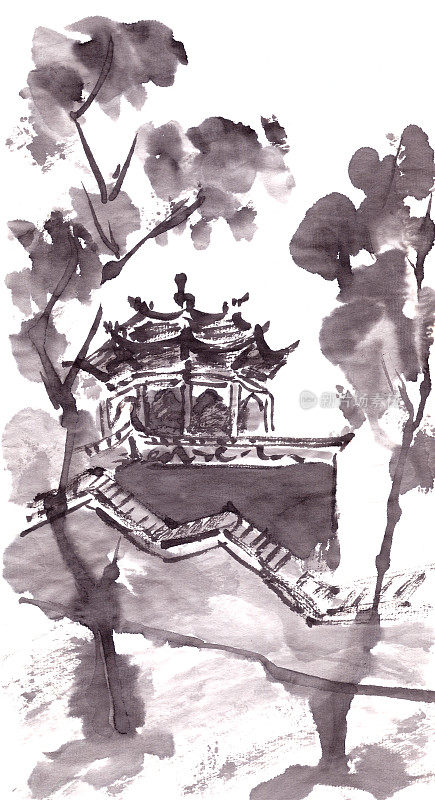山中的佛教寺院，中国风格的水墨绘画