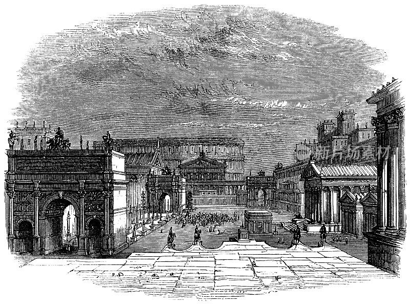面向古罗马斗兽场的古罗马广场，公元前1世纪的意大利