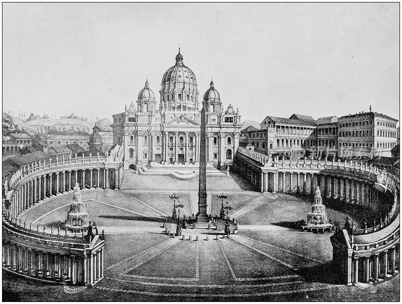 世界著名景点的古董照片:圣彼得大教堂和梵蒂冈，罗马，意大利