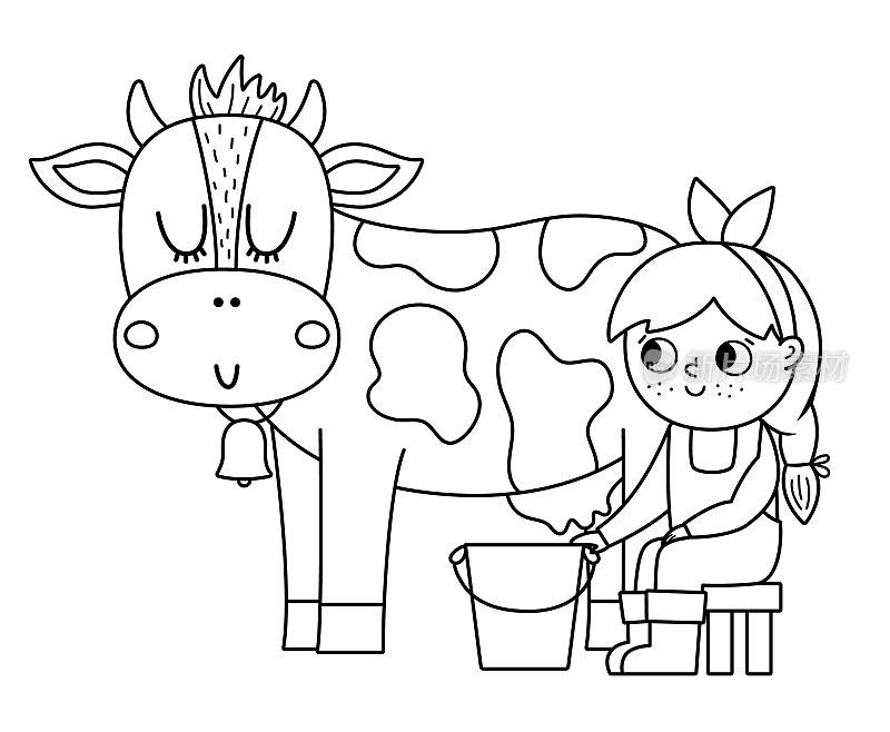 向量黑色和白色的挤奶女工图标。勾勒出农民女孩挤牛奶的样子。可爱的孩子在做农活。农村的场景。孩子和可爱的动物。滑稽农场插图与卡通人物