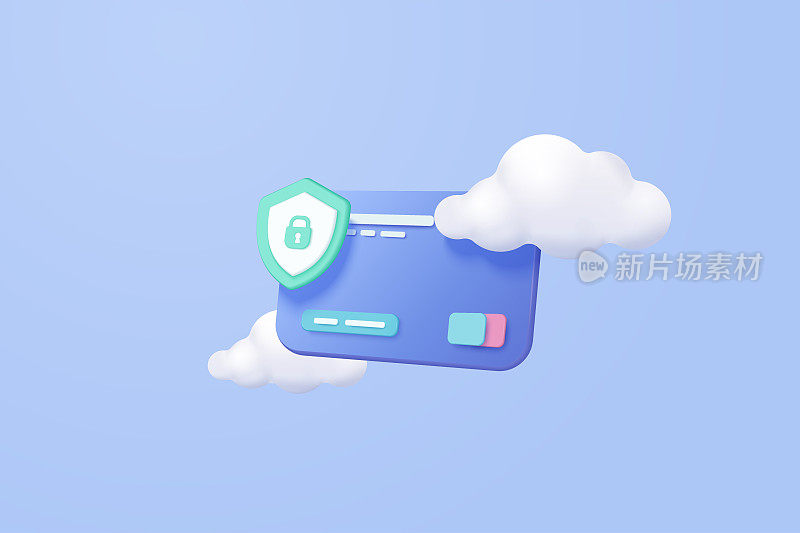 3D信用卡金融购物安全，在线支付信用卡与支付保护云端蓝天背景概念。3d矢量信用卡安全与孤立的背景