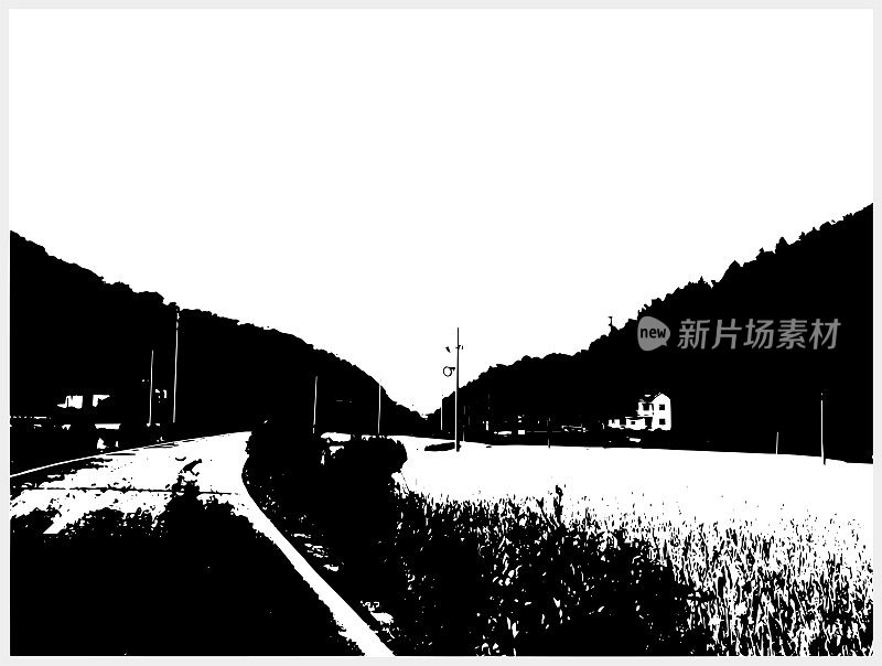 黑白木刻风格的自然风光，乡村道路和山