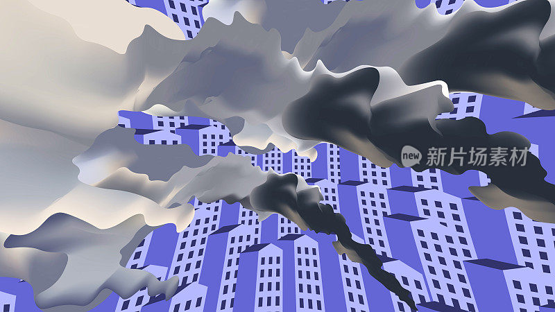 紫色城市背景上的脏烟。公寓大楼上方城市烟雾弥漫。空气质素问题。污染。气候变化。云。增加碳排放。未来蓝图的概念。的房子。