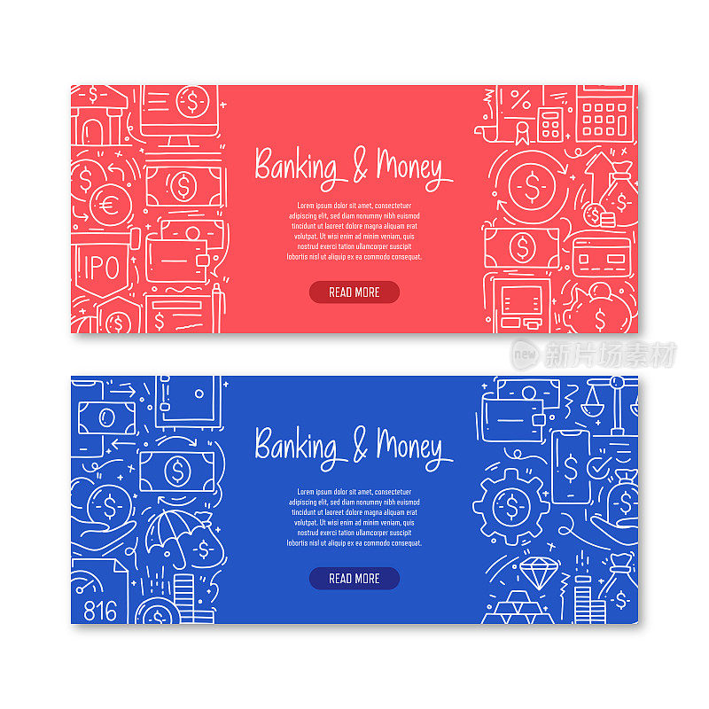 银行和货币相关的对象和元素。手绘矢量涂鸦插图集合。横幅模板与不同的银行和货币对象