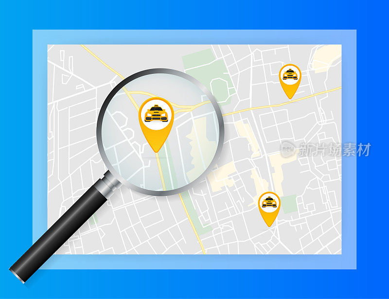 世界地图-带有黄色出租车指针的世界地图。平面向量插图。世界地图图标。位置图标。世界地图图标。位置图标。