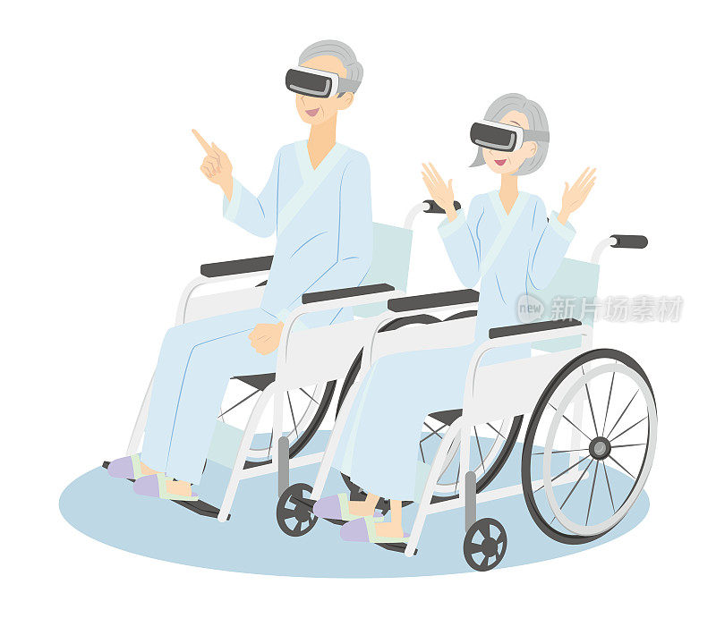 坐在轮椅上享受在医院里使用虚拟现实的老年男女