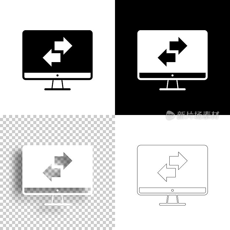 用台式电脑传送。图标设计。空白，白色和黑色背景-线图标