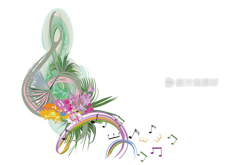 抽象自然高音谱号上装饰着春夏的花、音、鸟。
