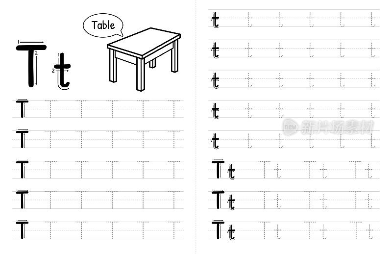 ABC字母追踪儿童书籍内部。孩子们写带有图片的作业纸。高级矢量元素字母T。