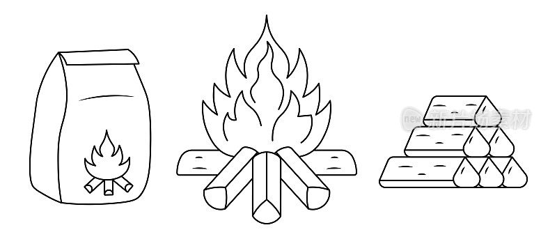 烧火用的煤装在纸袋里，火盆用的火和烧火用的柴禾材料做成涂鸦的样式