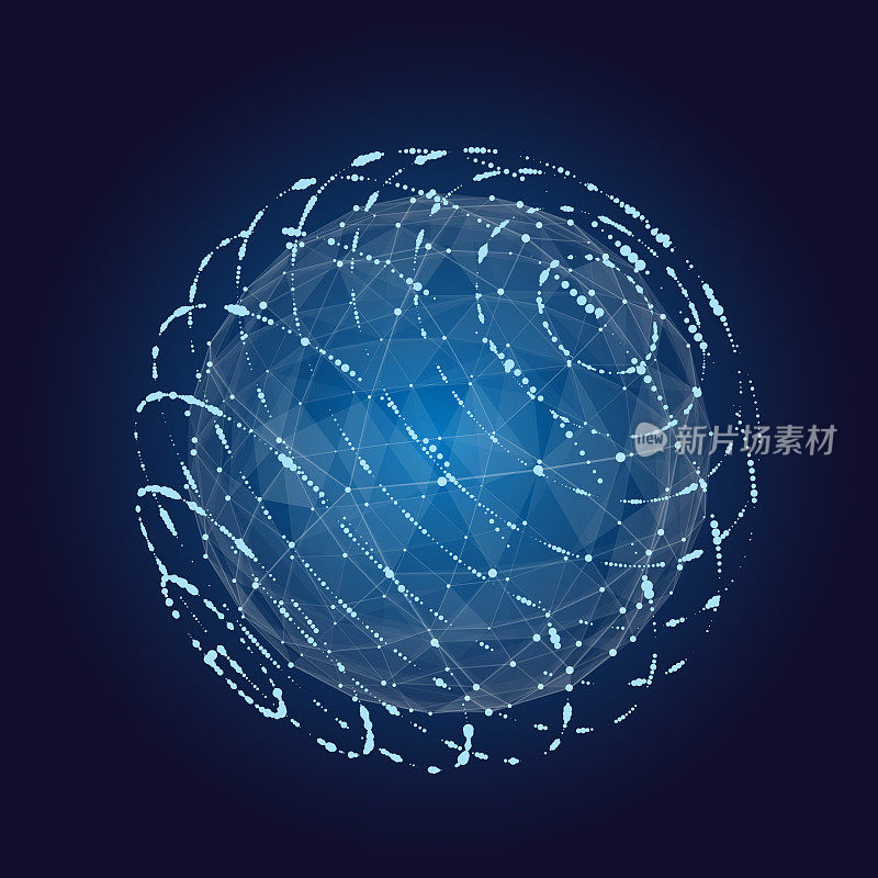 网格技术领域。由点和线组成的蓝色球体。现代的线框元素。矢量插图。