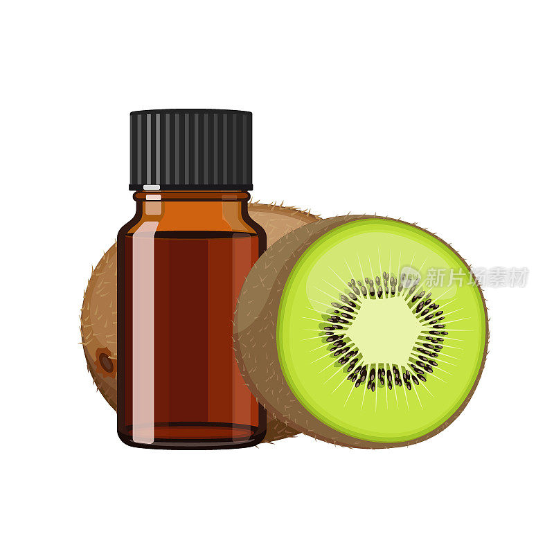 猕猴桃精油在棕色玻璃瓶，草药替代药物治疗产品，矢量插图在白色背景
