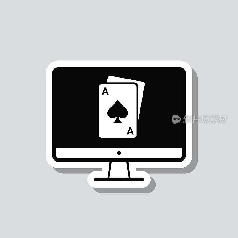 台式电脑与扑克牌。图标贴纸在灰色背景